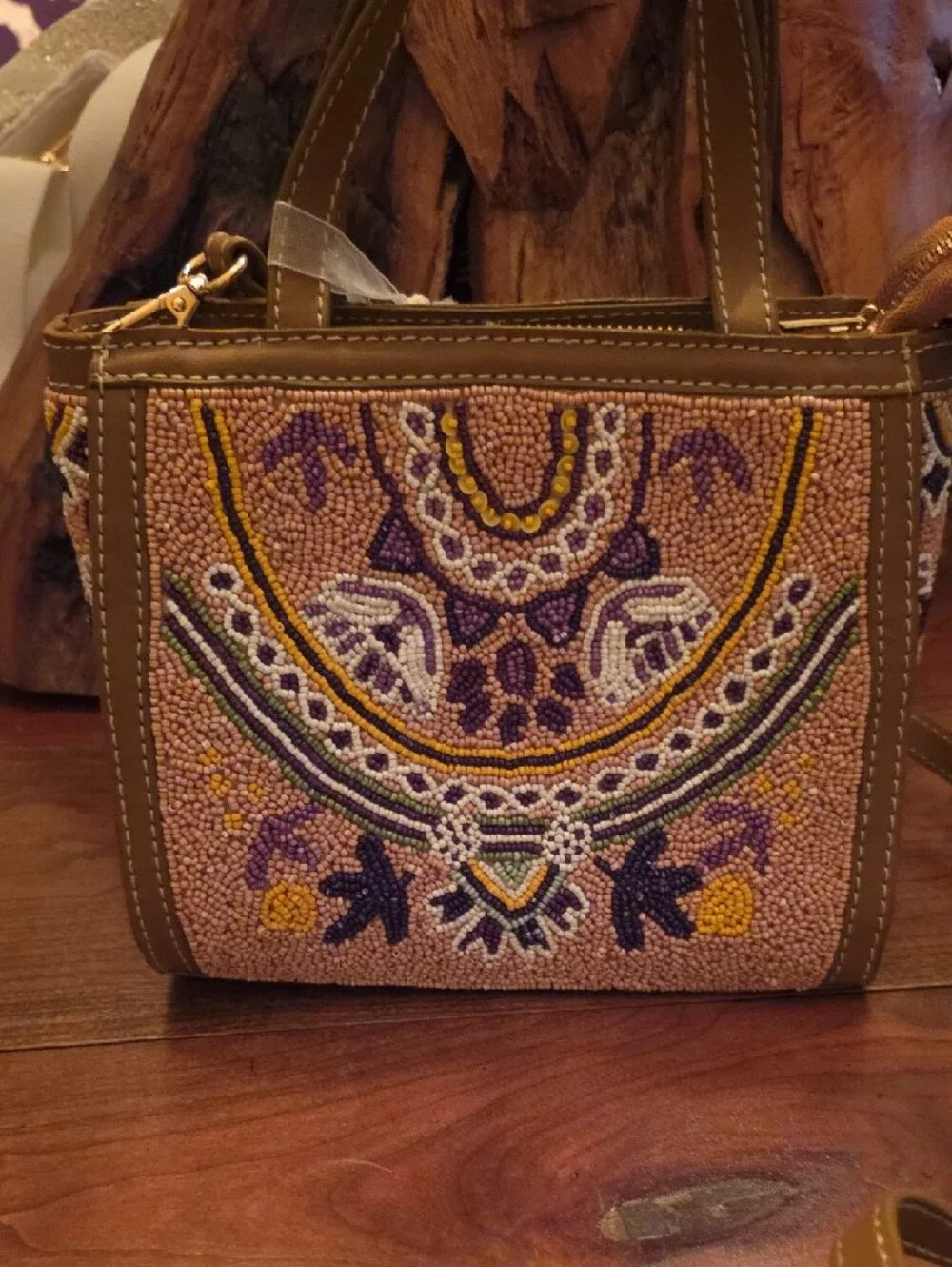 Handcrafted Beaded Small Tote Bag - Purple & Tan